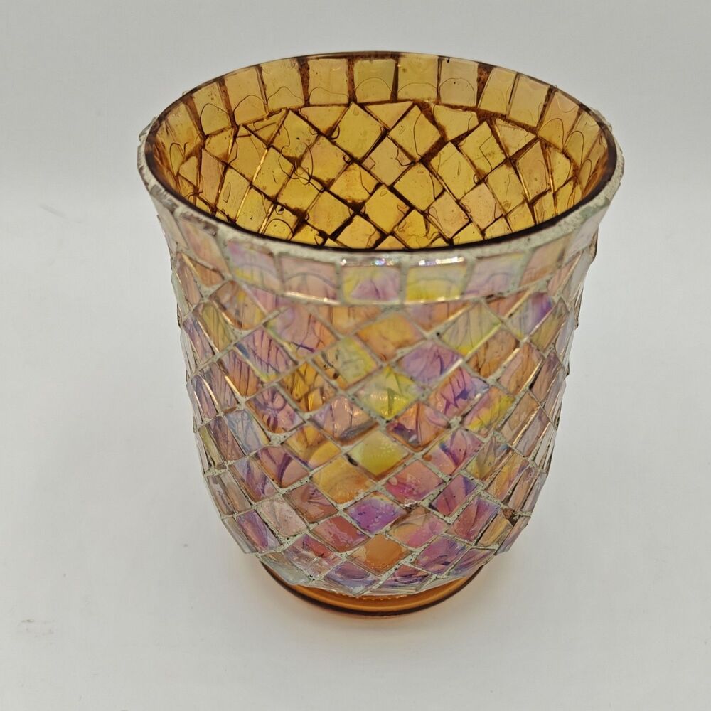 Mosaic Glass Candle Holder Amber Brown Iridescent Votive Jar 4.5"